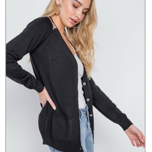 NWT wool blend Black Knit Contrast Shoulder Button down Cardigan - Picture 3 of 4